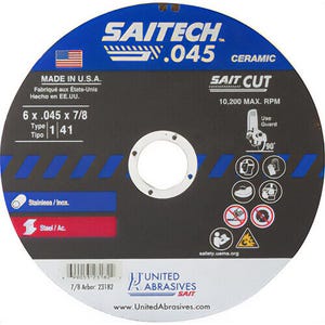 Saitechâ„¢ 23182 High Performance Thin High Speed Cut-Off Wheel, 6 in dia x 0.045 in Thick, 7/8 in Center Hole, 36 Grit