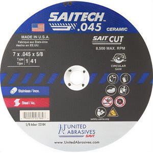 Saitechâ„¢ 23184 High Performance Thin High Speed Cut-Off Wheel, 7 in dia x 0.045 in Thick, 5/8 in Center Hole, 36 Grit
