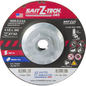 SAIT® 23322 Z-Tech™ High Performance Cutting Wheel, Zirconium Grain 4-1/2 dia, 0.045 Thick, 5/8 in-11 Arbor, 10 ea