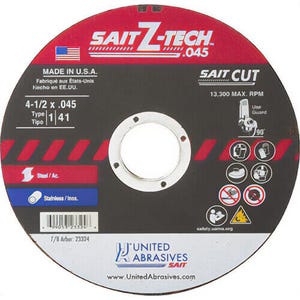 SAIT® Z-Tech™ 23324 High Performance Thin High Speed Cut-Off Wheel, 4-1/2 in dia x 0.045 in Thick, 7/8 in Center Hole, 36 Grit