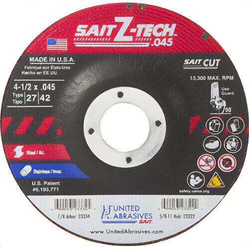 SAIT® Z-Tech™ 23334 High Performance Depressed Center Wheel, 4-1/2 in dia x 0.045 in Thick, 7/8 in Center Hole, 36 Grit