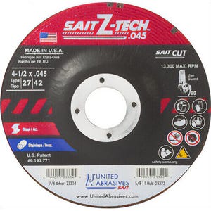 SAIT® Z-Tech™ 23334 High Performance Depressed Center Wheel, 4-1/2 in dia x 0.045 in Thick, 7/8 in Center Hole, 36 Grit