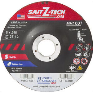 SAIT® Z-Tech™ 23335 High Performance Depressed Center Wheel, 5 in dia x 0.045 in Thick, 7/8 in Center Hole, 36 Grit, Zirconia Abrasive