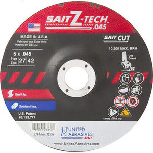 SAIT® Z-Tech™ 23336 High Performance Depressed Center Wheel, 6 in dia x 0.045 in Thick, 7/8 in Center Hole, 36 Grit, Zirconia Abrasive
