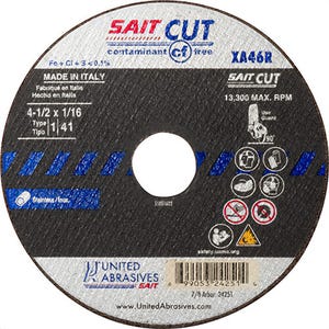 SAIT® 24251 Thin High Speed Cut-Off Wheel, 4-1/2 in dia x 1/16 in Thick, 7/8 in Center Hole, XA46R Grit, Aluminum Oxide Abrasive