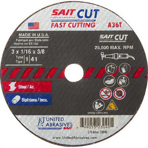 SAIT® 23040 Thin High Speed Cut-Off Wheel, 3 in dia x 1/16 in Thick, 3/8 in Center Hole, A36T Grit, Aluminum Oxide Abrasive