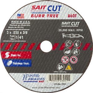 SAIT® 23041 Thin High Speed Cut-Off Wheel, 3 in dia x 1/16 in Thick, 3/8 in Center Hole, A60T Grit, Aluminum Oxide Abrasive