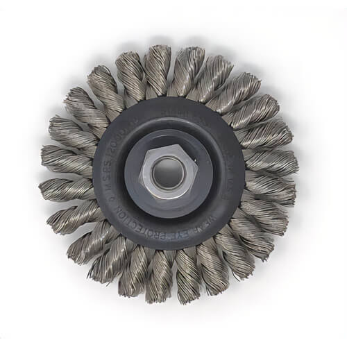 SAIT® 06431 Threaded Regular Twist Knot Wheels, Stainless Steel, 4 in dia, 5/8-11 in dia, 0.014 in Wire Size, 20,000 Max rpm