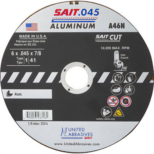 SAIT® 23316 Thin High Speed Cut-Off Wheel, 6 in dia x 0.045 in Thick, 7/8 in Center Hole, A46N Grit, Aluminum Oxide Abrasive