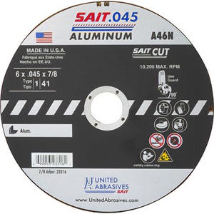 SAIT® 23314 Thin High Speed Cut-Off Wheel, 4-1/2 in dia x 0.045 in Thick, 7/8 in Center Hole, A46N Grit, Aluminum Oxide Abrasive
