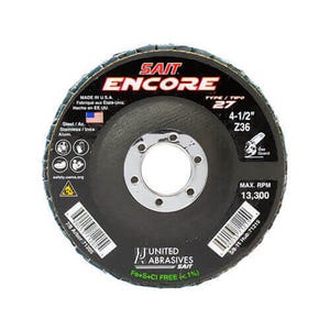 SAIT® Encore 71208 Close High Performance Regular Density Coated Abrasive Flap Disc, 4-1/2 in dia, 7/8 in Center Hole, 60 Grit, Medium