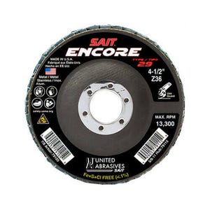 SAIT® Encore 79125 Close High Performance Regular Density Coated Abrasive Flap Disc, 5 in dia, 7/8 in Center Hole, 36 Grit, Extra Coarse