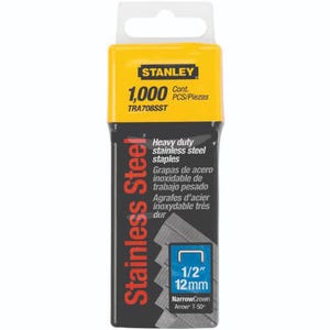 Stanley® TRA708SST TRA700 Heavy Duty Narrow Crown Staples, 1/2 in L Leg, Chisel Point, 27/64 in W Crown, Stainless Steel