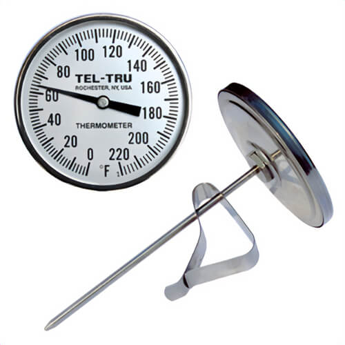 Tel-Tru® 24100807AFEADAA Dial Thermometer, Back Connected, 50°/300°F, 10°/110°C, Recal Nut, 8 in L Stem, 3 in Dial Size 