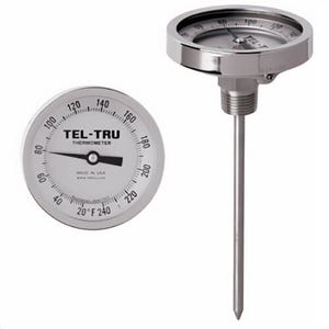 Tel-Tru® 38101214AKLAAAA Dial Thermometer, Back Connected, 0°/250°F, -20°/120°C, 1/2 in NPT, 12 in L Stem, 5 in Dial Size