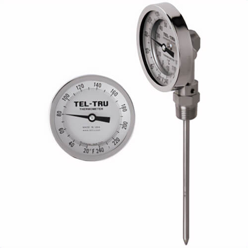Tel-Tru® 40102467AKLAAAA Dial Thermometer, Bottom Connected, 0°/250°F, 1/2 in NPT, 24 in L Stem, 3 in Dial Size
