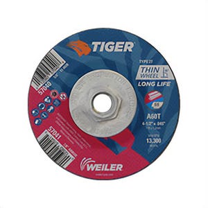 Weiler® 57040 Tiger® Long Life Performance Line Thin Depressed Center Cutting Wheel, 4-1/2 in dia x 0.045 in Thick, 60 Grit