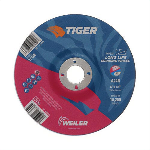 Weiler® 57129 Tiger® Performance Line Depressed Center Grinding Wheel, 6 in dia x 1/4 in Thick, 7/8 in Center Hole, 24 Grit