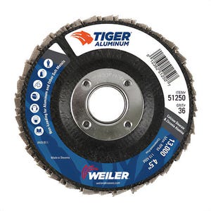 Weiler® 51250 Tiger® Aluminum Coated High Performance Non-Loading Abrasive Flap Disc, 36 Grit, Extra Coarse Grade