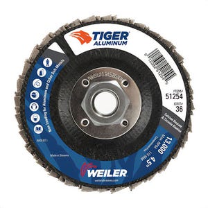 Weiler® 51254 Tiger® Aluminum Coated High Performance Non-Loading Abrasive Flap Disc, 36 Grit, Extra Coarse Grade