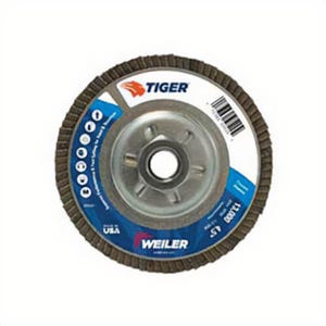 Weiler® 50520 Tiger® Close Premium Standard Density Coated Abrasive Flap Disc, 4-1/2 in dia Disc, 80 Grit, Medium Grade
