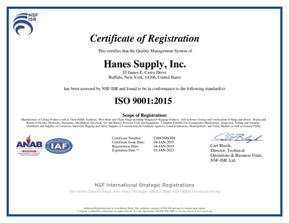 Hanes Supply, Inc ISO 9001:2015 Registration Certificate