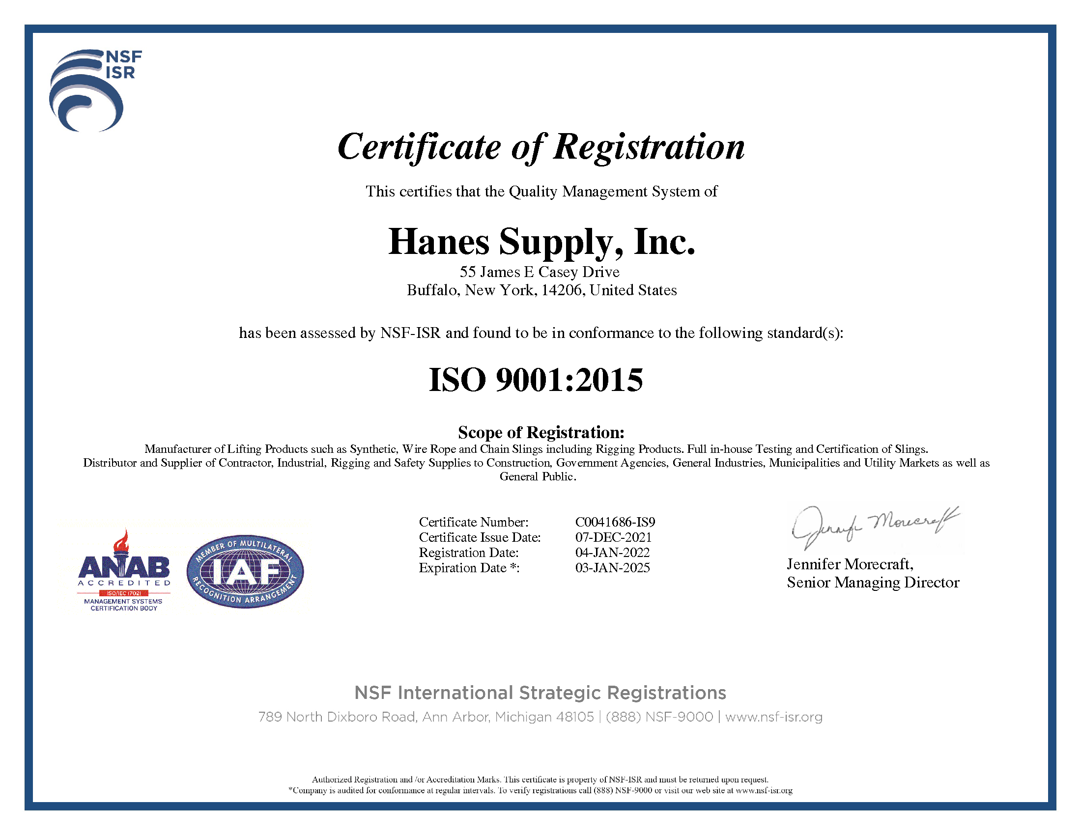 hanes supply, inc ISO 9001:2015 registration certificate