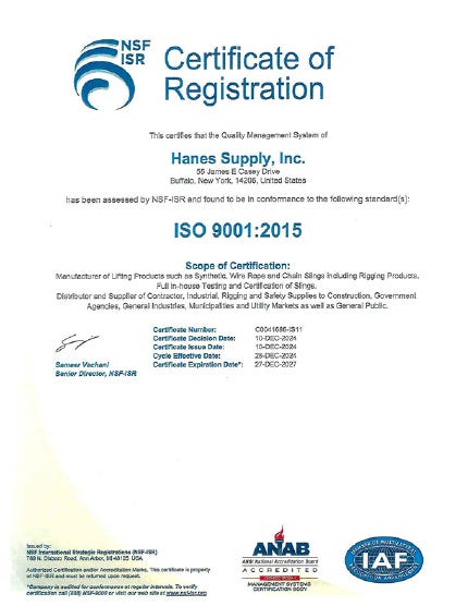 hanes supply, inc buffalo iso 9001:2015 registration certificate