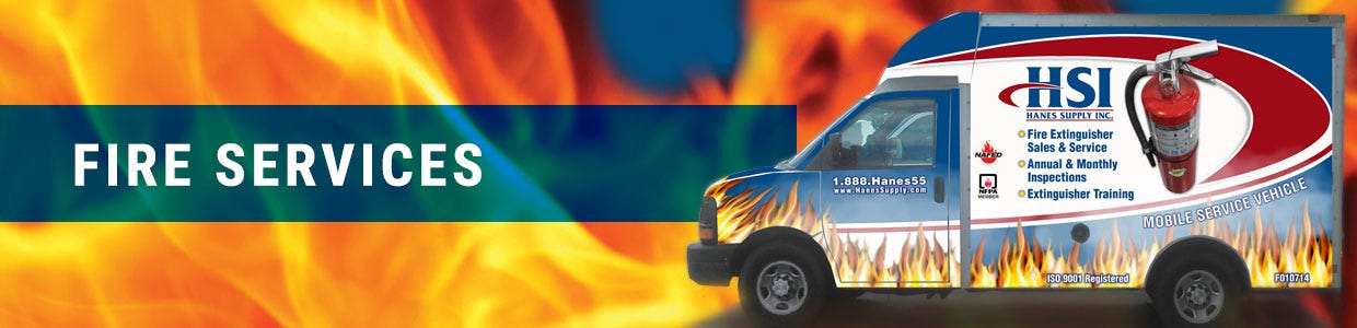 fire services banner image with HSI delivery truck Fire Extinguisher Services